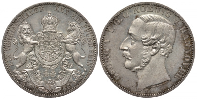 Брауншвейг-Каленберг-Ганновер 1 талер 1866 В, Георг V (1851-1866) КМ 230, AKS 144, Dav. 682, Kahnt 239, Thun 174 серебро aUNC 00-819-62