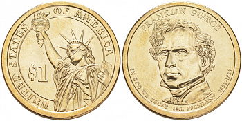 США 1 ДОЛЛАР 2010 P, СЕРИЯ ПРЕЗИДЕНТЫ США - ФРАНКЛИН ПИРС (1853-1857) KM 476 медь с марганцево-латунным покрытием UNC M31-9