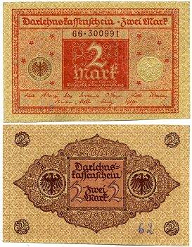 ГЕРМАНИЯ 2 МАРКИ 1920 1 МАРТА 1920, ВЕЙМАРСКАЯ РЕСПУБЛИКА, КРАСНАЯ, СЕРИЯ 66 Pick 59, Rosenberg 65b бумага 7523-13-1