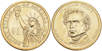 США 1 доллар 2010 P, Президент США - Франклин Пирс (1853-1857) KM 476 медь с марганцево-латунным покрытием UNC M31-9