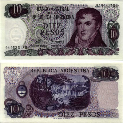 АРГЕНТИНА 10 ПЕСО 1976 СЕРИЯ D 94953, МАНУЭЛЬ БЕЛЬГРАНО Pick 300, Bottero 2361 бумага UNC (ПРЕСС) 6352-23-2-1