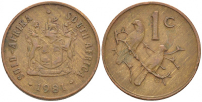ЮАР 1 ЦЕНТ 1981 ГЕРБ, КАПСКИЕ ВОРОБЬИ KM 82 бронза 3309-616