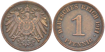 ГЕРМАНИЯ 1 ПФЕННИГ 1911 G KM 10, J. 10 медь 112-1117