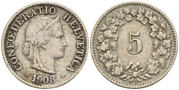ШВЕЙЦАРИЯ 5 РАППЕНОВ 1908 В KM 26 медно-никель 3955-1126