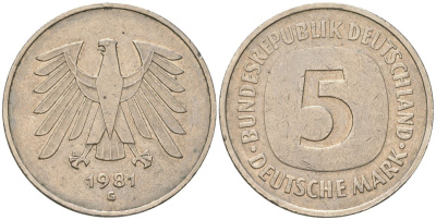 ФРГ 5 марок 1981 G KM 140.1 медно-никель 4557-221