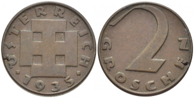 АВСТРИЯ 2 ГРОША 1935 KM 2837 бронза 4448-516