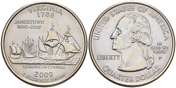США 25 центов = квотер 2000 Р, серия штаты США, Вирджиния KM 309 медь плакированная медно-никелем 190-355