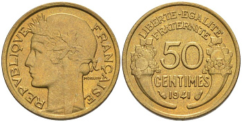 ФРАНЦИЯ 50 САНТИМОВ 1941 ТИП MORLON KM 894.1, LE FRANC 192.18 алюминиевая бронза 44-658