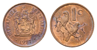 ЮАР 1 цент 1977 герб, капские воробьи, первый год KM 82 бронза UNC 4643-244