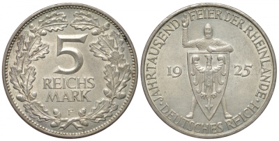 Германия 5 марок 1925 F, 1000 летие Рейнланда Weege 25, J. 322, KM 46 серебро UNC 00-809-27