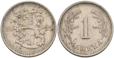 ФИНЛЯНДИЯ 1 МАРКА 1933 S KM 30 медно-никель 4563-635