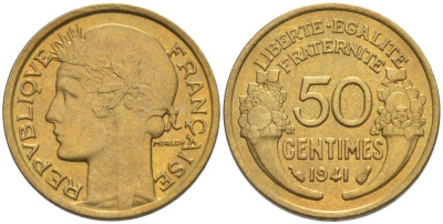 ФРАНЦИЯ 50 САНТИМОВ 1941 ТИП MORLON KM 894.1, LE FRANC 192.18 алюминиевая бронза 44-658