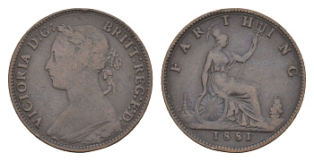 Великобритания 1 фартинг 1881 Виктория (1837-1901) KM 753, Spink 3958 бронза 4658-926