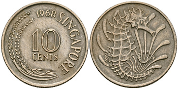 Сингапур 10 центов 1968 морской конек KM 3 медно-никель 4608-912