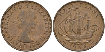 Великобритания 1/2 пенни 1966 Елизавета II (1952-2022) KM 896, Spink 4158 бронза 4146-315