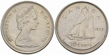 КАНАДА 10 ЦЕНТОВ 1973 ЕЛИЗАВЕТА II, ПАРУСНИК KM 77.1 никель 105-542