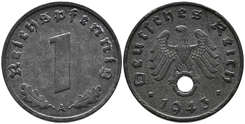 ГЕРМАНИЯ 1 РЕЙХСПФЕННИГ 1943 A KM 97, J.369 цинк 96-755