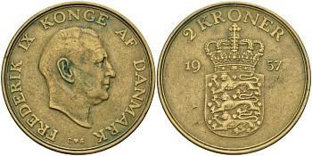 Дания 2 кроны 1957 Фредерик IX (1947-1972) KM 838 алюминиевая бронза 4140-124