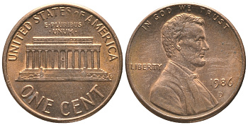 США 1 ЦЕНТ 1986 D, ЛИНКОЛЬН KM 201b цинк плакированный медью 100-1055
