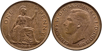 Великобритания 1 пенни 1948 Георг VI (1936-1952) KM 845, Spink 4114 бронза 41-133