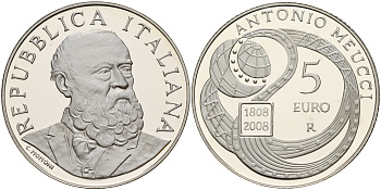 Италия 5 евро 2008 R, 200 лет Антонио Меуччи, в оригинальной коробке с сертификатом серебро PROOF 2-4-2-29
