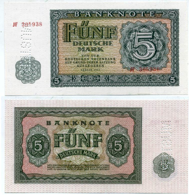 ГДР 5 марок 1955 MUSTER, образец, перфорация Pick 17s, Ro.349a бумага UNC (пресс) 000-00-00