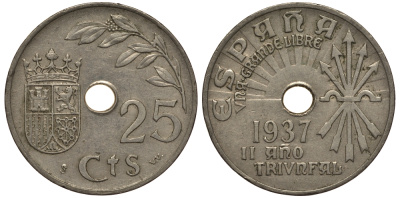 Испания 25 сентимо 1937 год тип KM 753 медно-никель 1522-423