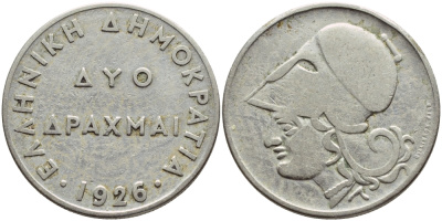 Греция 2 драхмы 1926 Афина в шлеме KM 70 медно-никель 4394-232