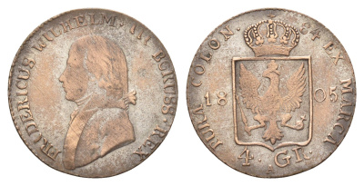 Пруссия 4 гроша 1805 A, Фридрих Вильгельм III (1797-1840) KM 370 серебро 3896-432
