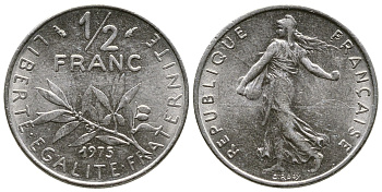 ФРАНЦИЯ 1/2 ФРАНКА 1975 KM 931.1 никель 51-4314
