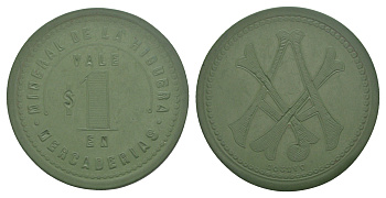 Чили, рудник Рудник Ла-Игера шахтерский жетон с Медного рудника для покупки в местных магазинах, номиналом в 1 песо конец XIX века диаметр 40 мм, вес 4,9 гр не описан в Espinosa эбонит (зеленый) 1066-2-41