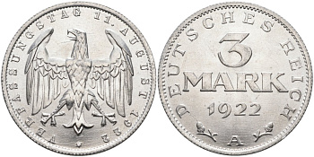Германия 3 марки 1922 A, третья годовщина Веймарской Конституции KM 29, J.303 алюминий UNC 4587-133