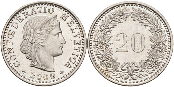 ШВЕЙЦАРИЯ 20 РАППЕНОВ 2009 В KM 29a медно-никель 55-1051