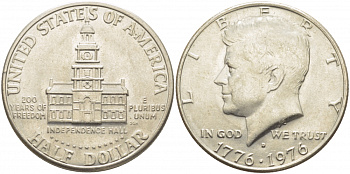 США 50 центов = 1/2 доллара 1976 D, 200 лет независимости, Джон Кеннеди KM 205 медь плакированная медно-никелем 109-736