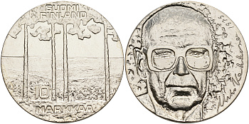 Финляндия 10 марок 1975 S-H, 75 лет президенту Урхо Кекконену KM 54 серебро UNC 1525-1323
