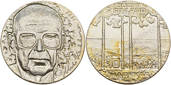 Финляндия 10 марок 1975 S-H, 75 лет президенту Урхо Кекконену KM 54 серебро UNC 1523-635