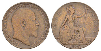 Великобритания 1 пенни 1908 Эдуард VII (1901-1910) KM 794.2, Spink 3990 бронза 4634-443