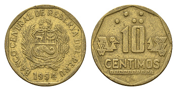 Перу 10 сентимо 1994 KM 305 латунь 4643-664