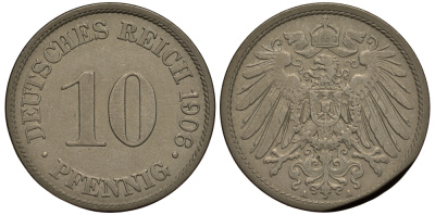 ГЕРМАНИЯ 10 ПФЕННИГОВ 1906 A БРАК ЗАГОТОВКИ KM 12, J. 13 медно-никель 650-1725