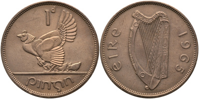 ИРЛАНДИЯ 1 ПЕННИ 1965 КУРИЦА С ЦЫПЛЯТАМИ KM 11 бронза 3457-241