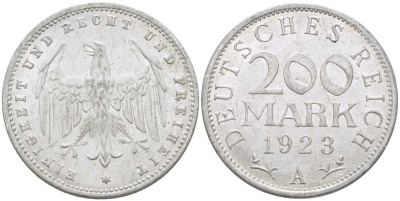 ГЕРМАНИЯ 200 МАРОК 1923 A KM 35, J. 304, Weege 22 алюминий 210-452
