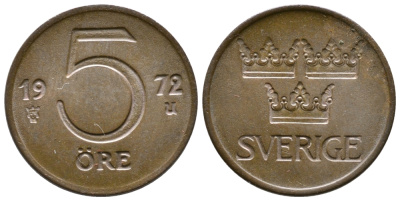 Швеция 5 эре 1972 U Густав VI Адольф (1950-1973) KM 845 бронза 177-1255