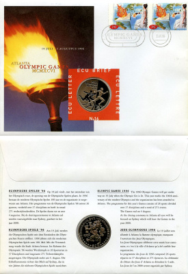 Нидерланды 1 экю 1996 XXVI летние Олимпийские Игры, Атланта 1996, в оригинальном конверте, с марками, первый день гашения X 216 медно-никель BU 4-3-8-35