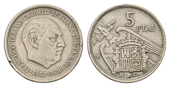 Испания 5 песет 1957 (68) Франсиско Франко (1939-1975) KM 786 медно-никель 4707-327