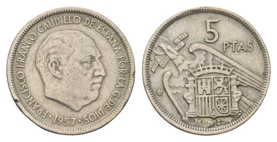 Испания 5 песет 1957 (68) Франсиско Франко (1939-1975) KM 786 медно-никель 4707-327