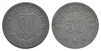 Кемптен 50 пфеннигов 1917 Funck 242.2, Men18 16228.2 цинк 4637-1225