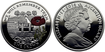 Остров Вознесения 1 крона 2014 в память героев первой мировой войны, кладбище, красный мак KM NEW серебро, эмаль PROOF 1071-2-13