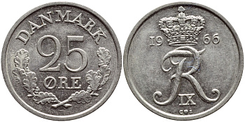 ДАНИЯ 25 ЭРЕ 1966 С; S, ФРЕДЕРИК IX (1947-1972) KM 850 медно-никель 4398-951