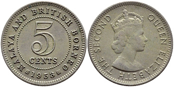 Малайя и Британское Борнео 5 центов 1953 Елизавета II (1952-2022) KM 1 медно-никель 4392-1135