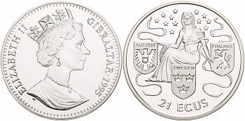 Гибралтар 21 экю 1995 АВСТРИЯ, ШВЕЦИЯ, ФИНЛЯНДИЯ KM 498 серебро PROOF 06-225-33
